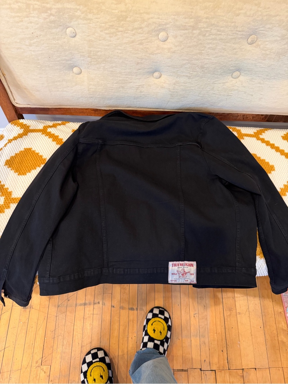 True Religion Black Trucker Denim Jacket with Back Logo Patch